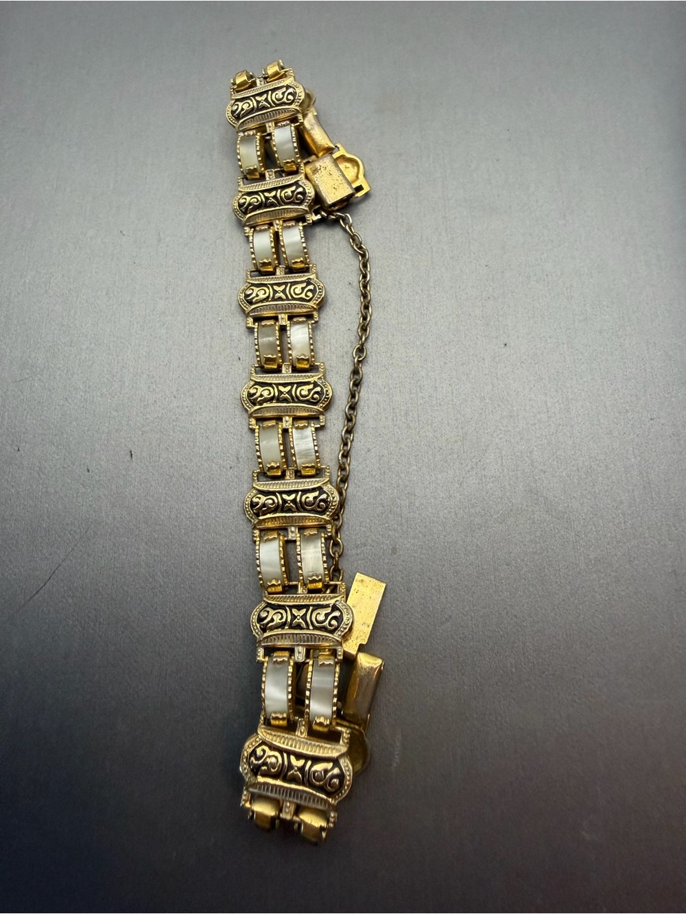 Gold and Mother of Pearl Damascene Style Link Bracelet 6”